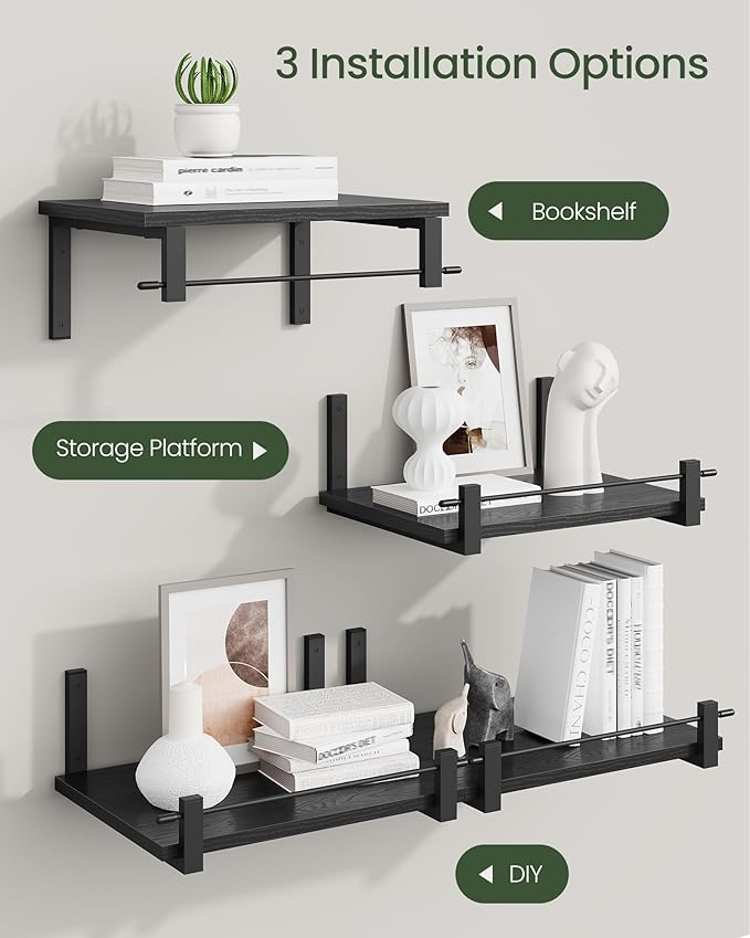 CHOEZON Deep Floating Shelves for Wall, 12 inch Wall Mounted Shelves Set of 2, Wide Floating Shelves for Living Room, Bedroom, Study, Bathroom, Black TBJ02P2BB