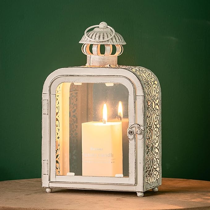 DECORKEY Candle Lantern Decorative Indoor & Outdoor, Vintage Metal Lanterns with Clear Glass, Tabletop&Hanging Candle Holders for Patio Front Porch Home Decor, Halloween Christmas Decorations (White)