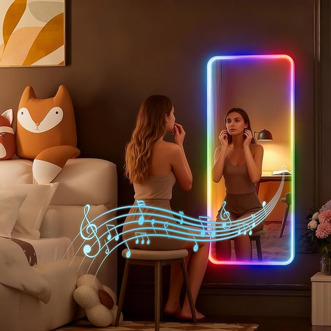 Hasipu 43"x16" LED RGB Bluetooth Door Mirror Full Length, Full Body Full Length Over The Door Mirror with Lights, Door Hanging & Wall Mounted Mirror for Bedroom, Living Room, Cloakroom