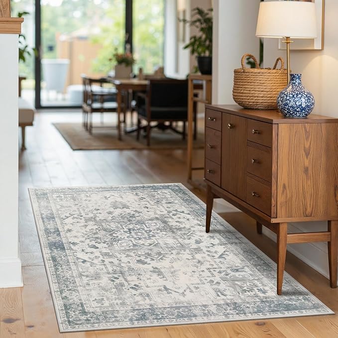 Rugxara 3x5 Washable Entryway Rug, Non Slip Boho Runner Rugs for Hallway, Entrance, Kitchen, Bathroom, Laundry Room, Soft Entryway Carpet, Throw Low Pile Retro Imitation Wool Carpet, Light Blue Grey