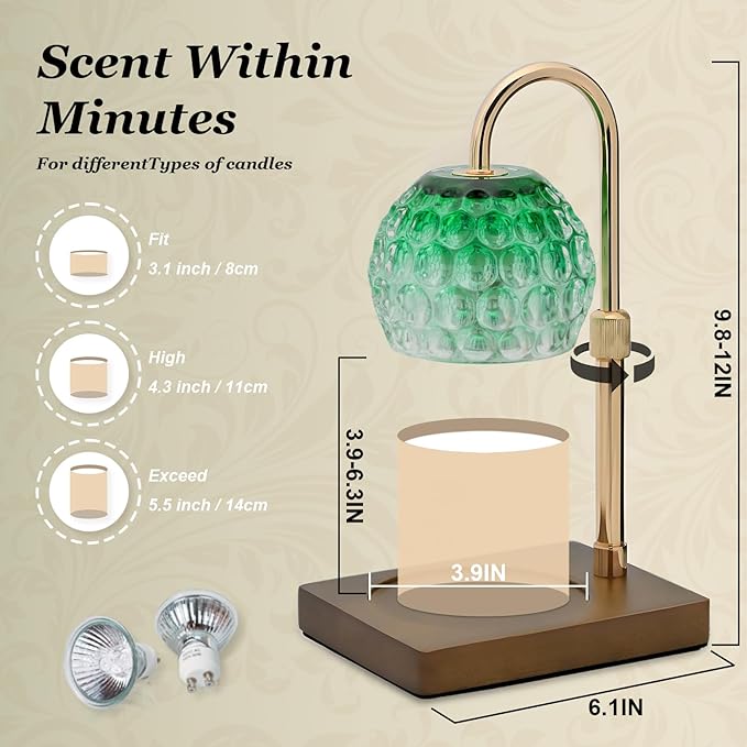 Cawalap Candle Warmer Lamp Timer - Christmas Gifts for Women Mom, House Warming Gifts New Home Decor Modern Farmhouse Decor, Glass Candle Warmer Wax Melt with 2 Bulbs Green
