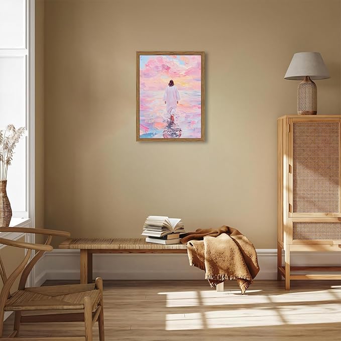 Pink Jesus Walking On Water Wall Art, Frame 3D Textured Hand Drawn Sandstone Christian Wall Decor Paintings Religious Savior Pictures for Living Prayer Room Bedroom, 12x16 in Wood Framed