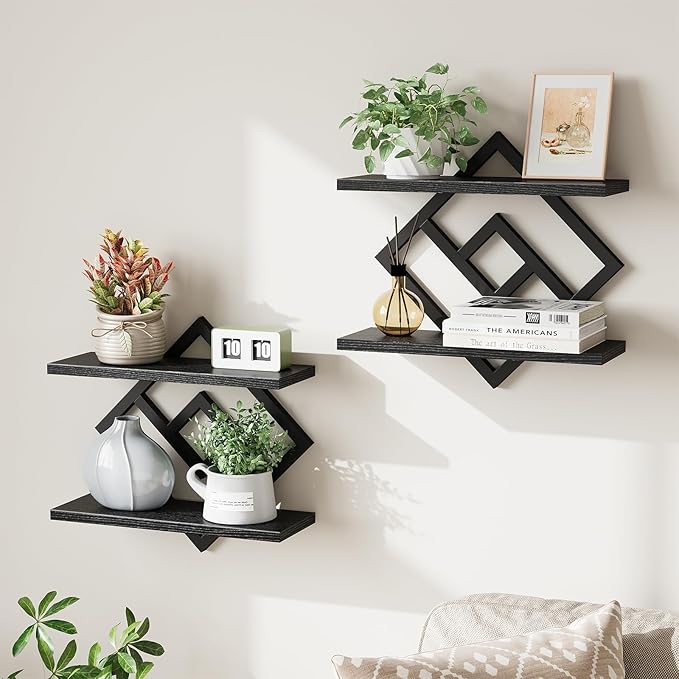 ELYKEN Floating Shelves for Wall, Set of 2 Hanging Shelves, 2-Tier Wall Mounted Storage Shelves for Books & Decor, Perfect for Living Room, Bedroom, Kitchen, Home Office, Study, Black