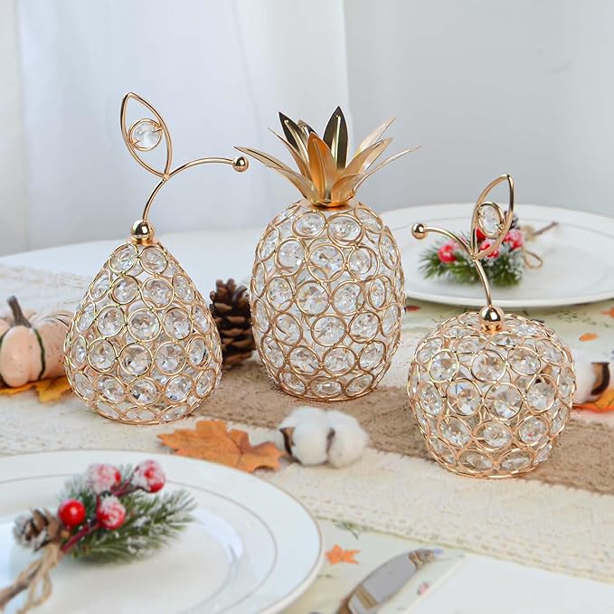 Set of 3 Elegance Crystal Metal Pineapple Pear Table Centerpiece Handmade Crystal Candlestick Hollow Fruit Ornament Home Party Wedding Holiday Decoration (Gold, Set of 3)