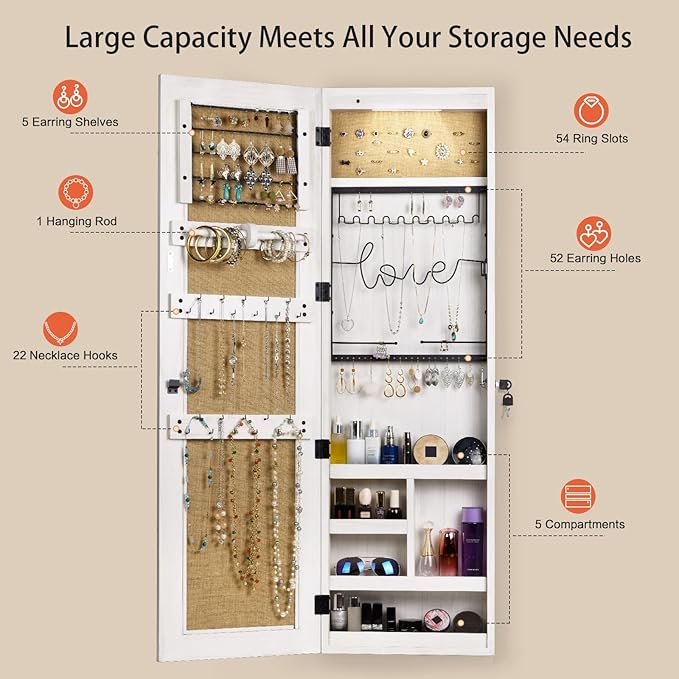 SRIWATANA Jewelry Armoire Cabinet, Solid Wood Jewelry Organizer with Full Length Mirror Wall/Door Mounted(Washed White)