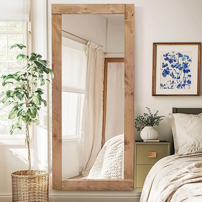 Full Length Mirror 71"x32" – Solid Wood Frame, HD Tempered Glass, Wall Mounted & Leaning, Rustic Modern Decor for Bedroom, Living Room, Entryway, Light Brown