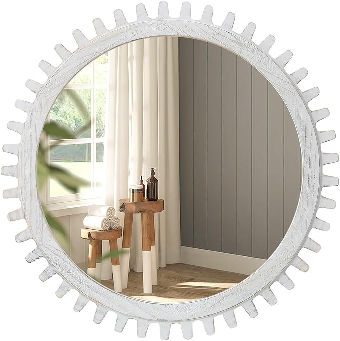 ULIKE Round Wood Mirror, 30 Inch Rustic Farmhouse Circle Mirror with Wooden Frame, Modern Wall Decor for Bathroom Nursery Bedroom Living Room Entryway, White