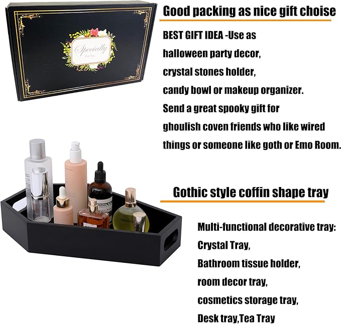 Gothic Coffin Decor Gothic Wooden Makeup Organizer for Vanity,Spooky Halloween Decor for Bathroom,Living Room or Bedroom Witchy Gifts for Women-Black