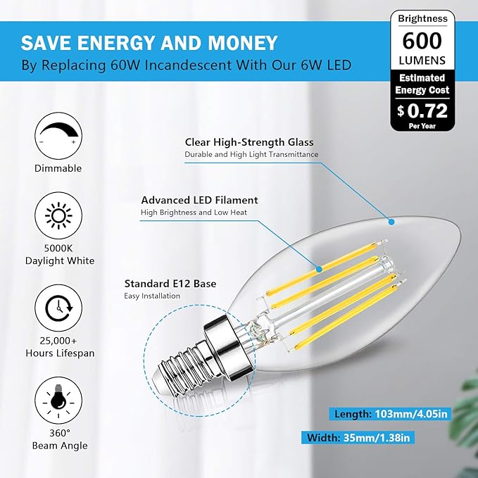 Dimmable E12 LED Candelabra Bulbs 60W Equivalent, 5000K Daylight White, 600 Lumens B11 Candle Base 6W C35 LED Filament Vintage Light Bulbs, Clear Glass for Chandelier Ceiling Fan High CRI 90+, 6-Pack