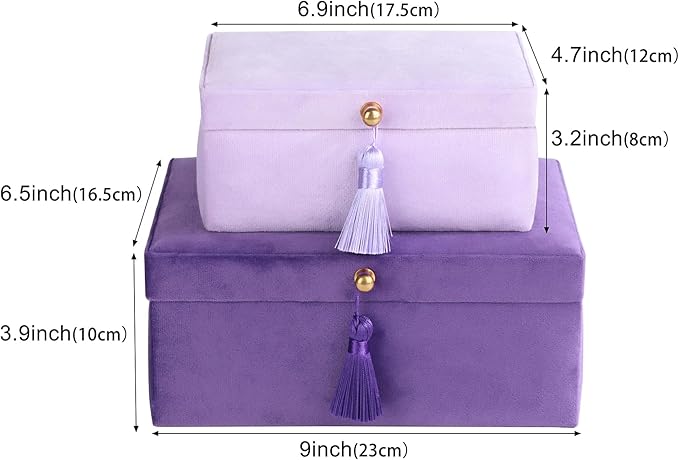 HofferRuffer Velvet Jewelry Boxes Decorative Boxes, Storage Accessory Organizer Boxes with Elegant Handle Decor, Classic Velvet Set of 2 Pieces (Purple)