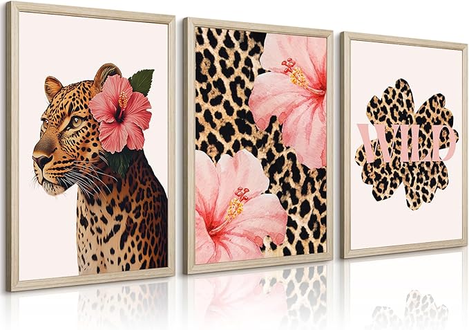 Trendy Leopard Wall Art Pink Cheetah Print Room Decor Leopard Flower Canvas Wall Decor Cheetah Aesthetic Poster Girly Pink Preppy Picture Funky Y2k Artwork for Girl Bedroom 12x16x3 Inch Wood Framed