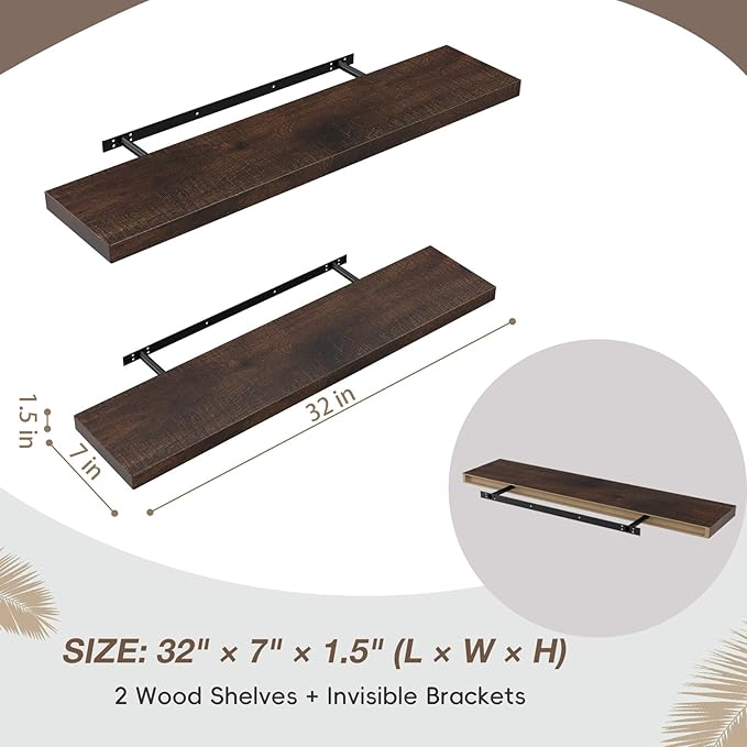 Lufia Floating Wall Shelves, Set of 2, MDF with Invisible Brackets, Modern Storage for Bedroom, Bathroom, Living Room, Kitchen (Rustic Brown, 32" W x 7" D x 1.5" H)