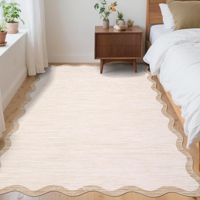 GarveeHome Scalloped Washable Rugs 5x7 Rug for Living Room Modern Non Slip Large Area Rug for Bedroom Decor Farmhouse Low Pile Stain Resistant Carpet for Office Dining Room Classroom 5 ft x7 ft Beige