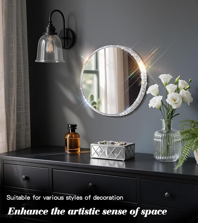 Crystal Diamond Wall Mounted Mirror Silver Makeup Mirror 12inch Round Bing Mirror for Bedroom Real Glass Mirror for Wall Decor