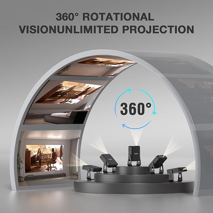 [Officially-Licensed App & Auto Focus]Black Smart Mini Projector with WiFi and Bluetooth, XuanPad 4K Support Movie Projector, Portable Native 1080P Outdoor Projector with 360° Stand