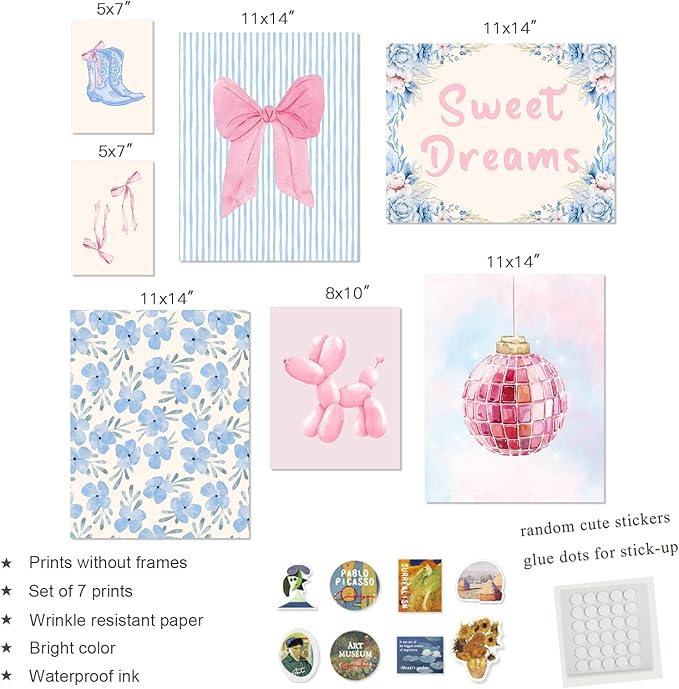Habseligkeit Pink Posters for Room Aesthetic, Cute Wall Art Prints, Wall Decor Eclectic Home Decor Girls Bedroom Living Room Unframed, Set of 7