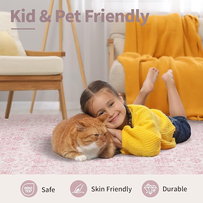 Rugxara 4x6 Rug for Living Room Bedroom, Pink Washable Throw Rugs, Vintage Retro Boho Area Rugs, Non Slip & Low Pile Accent Carpet for Indoor Nursery Room, Dining Room, Kids Girls Room