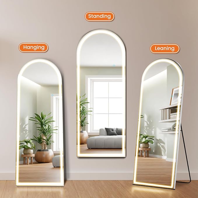 Sweetcrispy Arched Full Length Mirror with LED Lights, 71.3" x26.5 Lighted Floor Mirror with Dimming & 3 Color Lighting, Stand for Bedroom, Dressing Room