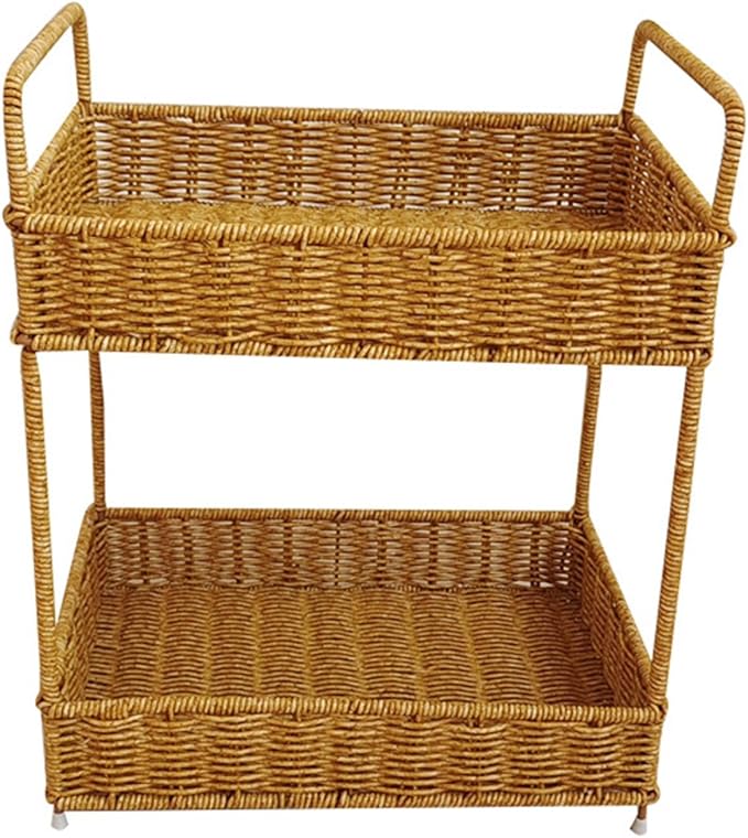 Handmade Woven Basket 2 Tier Storage Rack with Handle, Farmhouse Desk Organizer Shelf for Office Bookshelf Home Umbrellas 12.40x8.66x15.55inch