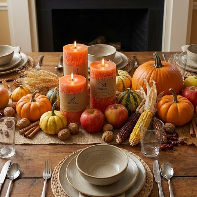 MOZEAL Hand-Poured, Unscented Orange Crystal Pillar Decorative Candles, Elegant Set of 3 in Different Sizes (3"x4", 3"x5", 3"x6"), Luxurious Décor for Fall Homes & Events