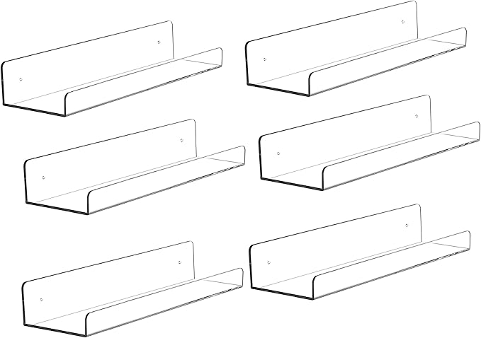 6 Pcak Clear Acrylic Shelves for Bedroom,Room,15 Inch Bathroom Wall Shelf & Organizer,Invisible Floating Shelves & Wall Storage for Collectibles Perfume Shelf,Record,Funko Pop,Lego Display,Bookshelf