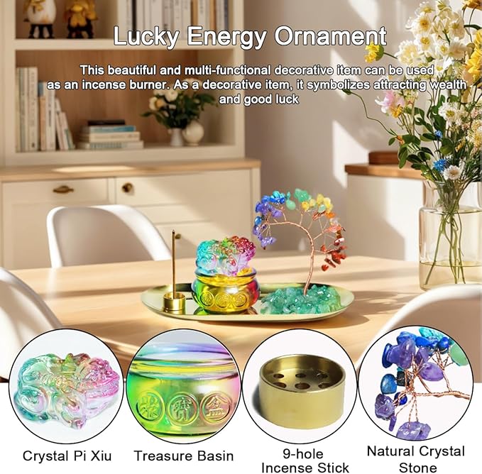 Feng Shui Crystal Tree Incense Burner Holder, Lucky Pi Xiu Treasure Basin, Healing Crystals Tree of Life Incense Tray Money Ideal Adornment for Attracting Wealth, Yoga Meditation Decor - Colorful