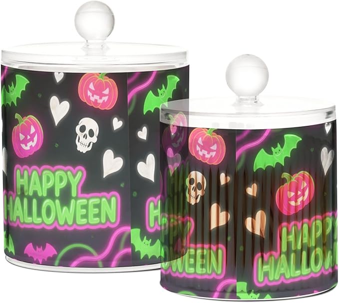 Halloween Heart Pumpkin Neon Green Pink Clear Plastic Makeup Organizer Storage with lid Dresser Essentials Decorative storage bin for Cotton Swabs,Cotton Pads,Floss Picks,Paper