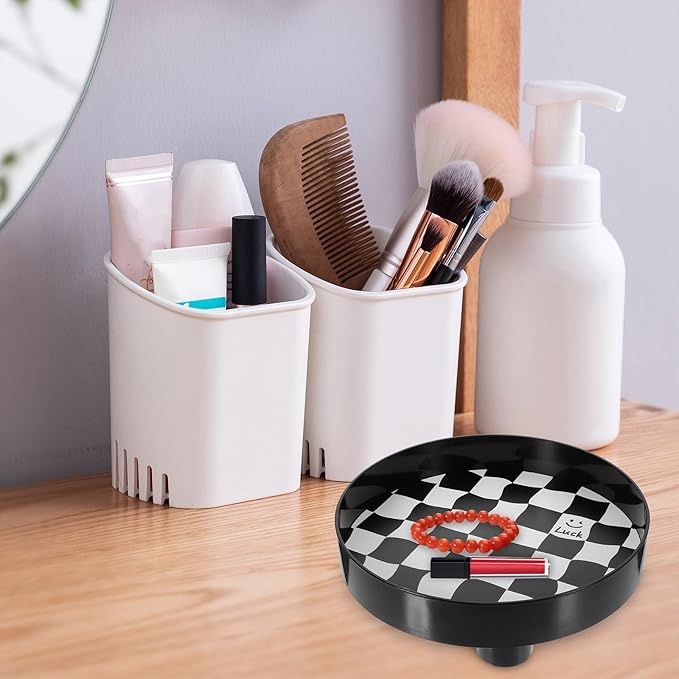 Black and White Checkered Large Storage Tray, Aesthetic Jewelry Holder and Makeup Organizer, Nordic Style Decorative Nightstand Dish for Perfume, Desk, and Home Décor