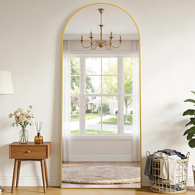 69"x28" Arched Full Length Mirror with Stand, Free Standing Leaning Wall Mounted Aluminum Alloy Frame Mirror for Bedroom Living Room Cloakroom, Gold