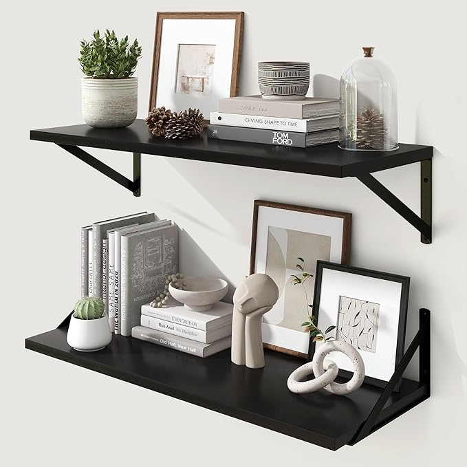 Marsmiles 30 Inch Floating Shelves | 12 Inch Deep Black Wall Shelves Set of 2 | 30" W x 12" D Rustic Black Wood Floating Shelves for Living Room Bedroom Bathroom