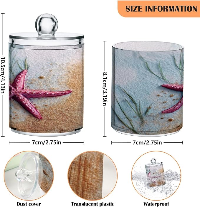 2 Pack Apothecary Jars,Starfish on Sand Bathroom Vanity Storage Organizer Set,Small Clear Plastic Storage Jars Bathroom Canister for Cotton Swabs,Rounds,Balls,Qtips,Makeup Sponges