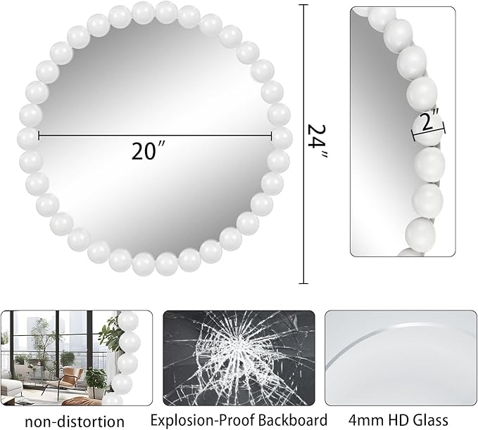 White Round Wall Mirror 24'' Wood Beaded Mirror for Wall Decor Large Circle Decorative Wall Mirror White Hanging Mirror for Bathroom,Bedroom,Living Room,Nursery Room,Kids Room