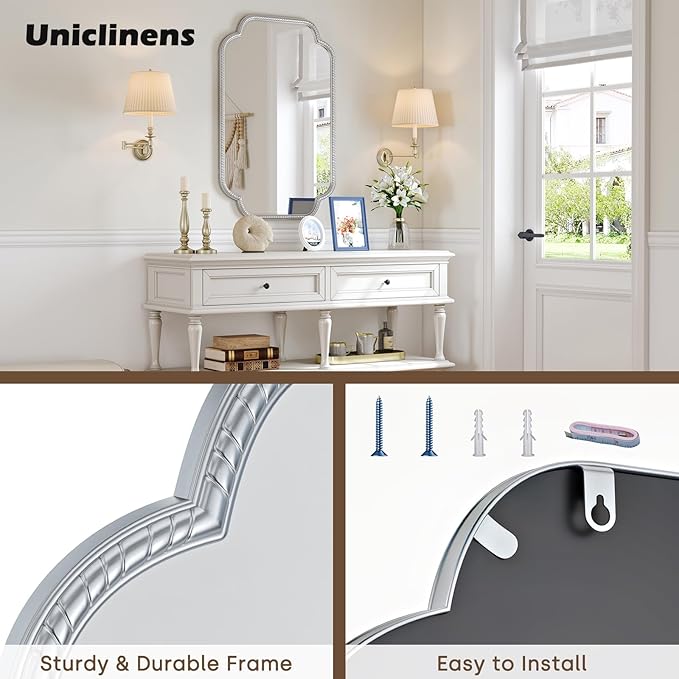 Uniclinens Silver Scalloped Mirror Wall Decor - Large Decorative Wall Mirror 36"X24" with Vintage Baroque Metal Frame, Ideal for Entryway, Fireplace, Living Room, Hallway, Bathroom