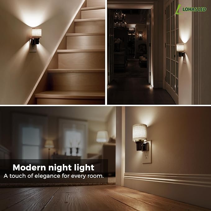 L LOHAS LED Night Lights Plug into Wall,Linen Fabric Cylinder Decor Night Light, Dusk to Dawn Sensor Vintage Nightlight, 5000K Daylight 0-100LM Dimmable, for Bedroom Living Room Hallway