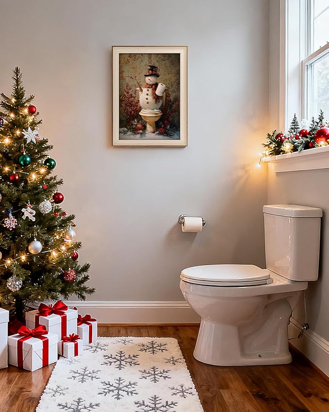VIYYIEA Winter Framed Wall Art for Living Room, Snowman in Bathroom Canvas Prints, Oil Painting Home Decor, Christmas Picture, Bathroom Wall Decor Gifts for Friends or Family - 16L x 12W