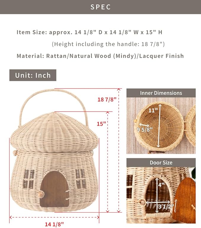 Mushroom Shaped Storage Basket, Extra Large Size, Natural, Rattan and Mindy Wood Door, D14"xW14"xH15" (36x36x38cm), Indirect Lighting Box, BLY-21NA