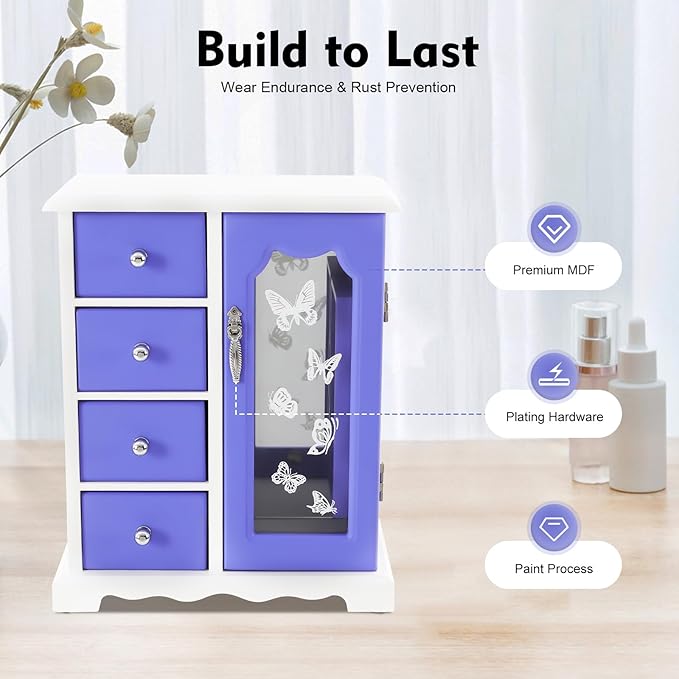 Wood Jewelry Organizer with 4 Drawers, Jewelry Organizer Box with Mirror Makeup and Organizer Women Ring Storage Box with 360° Rotatable Hook for Women
