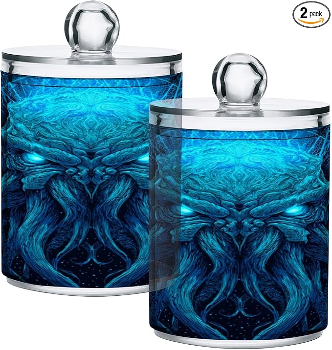 Monster Creature Print Bathroom Containers Holder with Lids Set Clear Jars 2 Pack Plastic Makeup Storage Organizer 4.13 x 2.75In for Vanity Floss Picks Balls