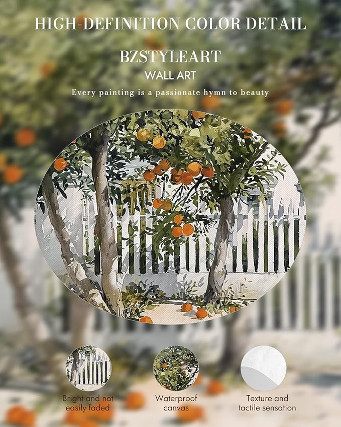 Bzstyleart Vintage Wall Art Decor for Living Room, Gold Framed Canvas Wall Art Home Decor Aesthetic, Orange Courtyard Prints, Canvas Picture Print Artwork, 12 x 16 Inch