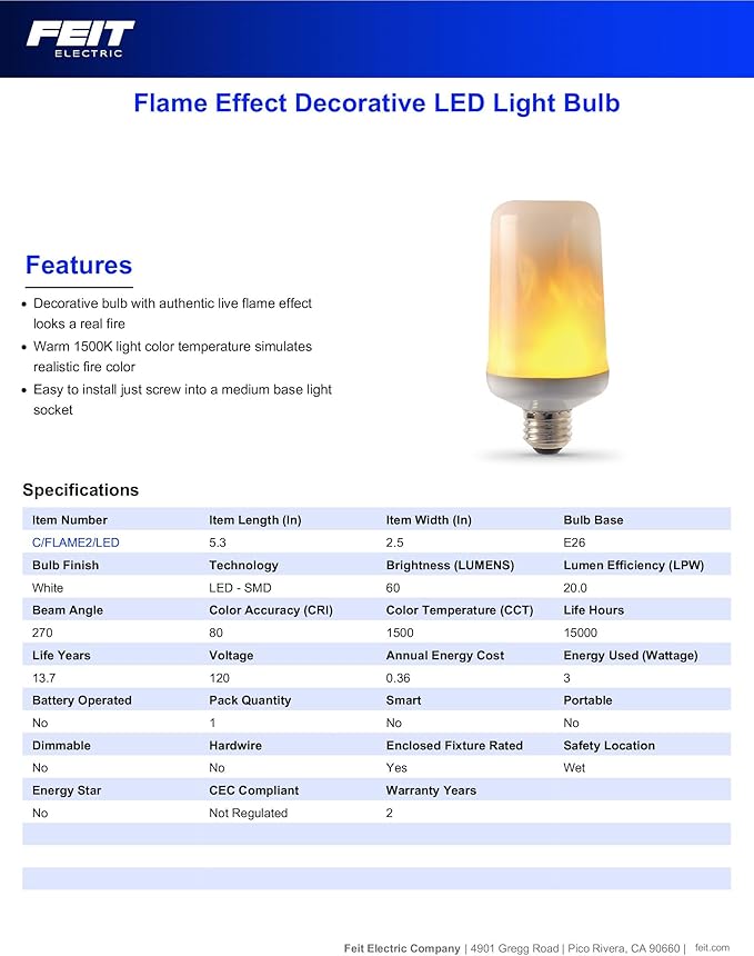 Feit Electric 3-Watt LED Light Bulb with Flame Effect, 1500K Warm White, 80 Lumen, E26 Medium Base, Decorative Live Flaming Light Bulb, 15,000-Hour Lifetime, C/FLAME2/LED/4, 4 Pack