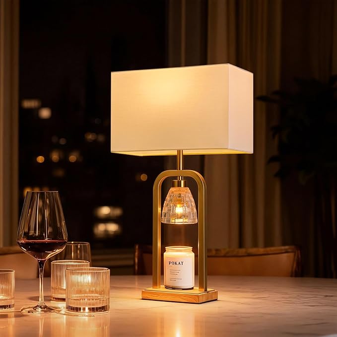 PoKat Gold Table Lamp Candle Warmer, Candle Warmer Lamp with Timer Dimmer, Wax Light Warming Table Lamp for Jar Candles, Modern Bedside Lamp for House Warming Home Decor Living Room, Bulb Included