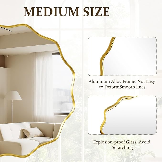 Round Wavy Mirror 42 Inch Bathroom Vanity Mirror Metal Frame Circle Wall Mounted Mirror for Bedroom Living Room Entryway Gold