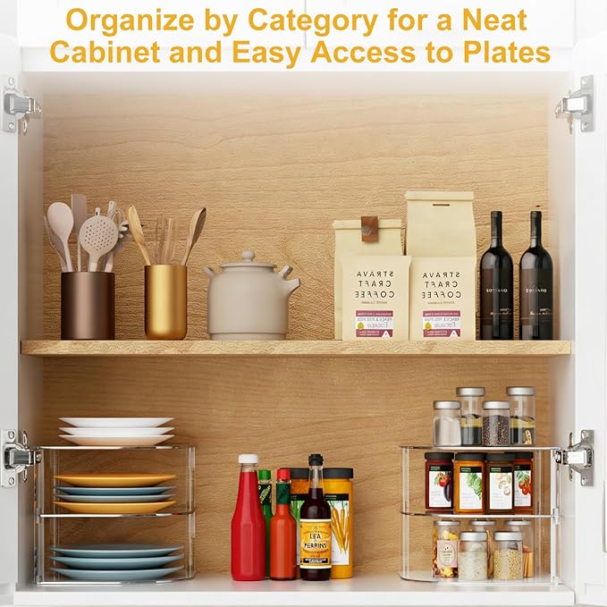 Acrylic Plate Organizer for Cabinet Kitchen Countertop Corner Clear Cabinet Organizer for Paper Plate and Bowl Dishes Pantry Storage Corner Rack Plate Holder for Cabinet Shelf Space Saver