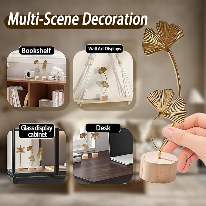 Gold Leaf Home Decor Set - Metal Leaves Statues, Modern Artistic Sculptures for Living Room, Office, Shelf & Home Decorative, Handmade 3D Botanical Accents (Monstera, Feather, Ginkgo, 3PCS)
