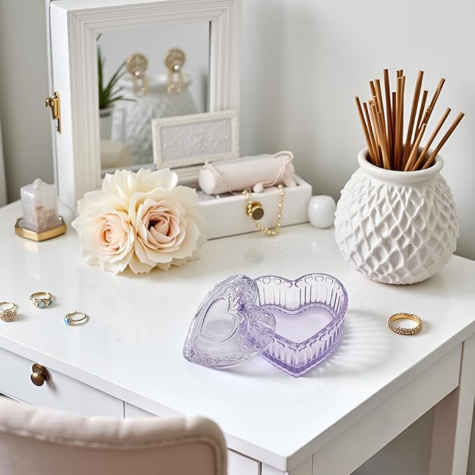Glass Jewelry Box Heart Shape Cute Box for Storage Ring Earring Trinket Vintage Jewelry Organizer Decorative Gift for Women Girls-GRB003-Purple