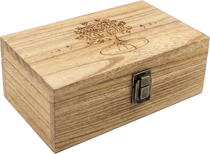 Trinket Box with Lock- Hand-Engraved Tree of Life Keepsake Box, 7.8" Vintage Wood Storage Box Jewelry Box for Crystals, Jewelry, Watches & Photos - Decorative Small Memory Chest for Women & Girls