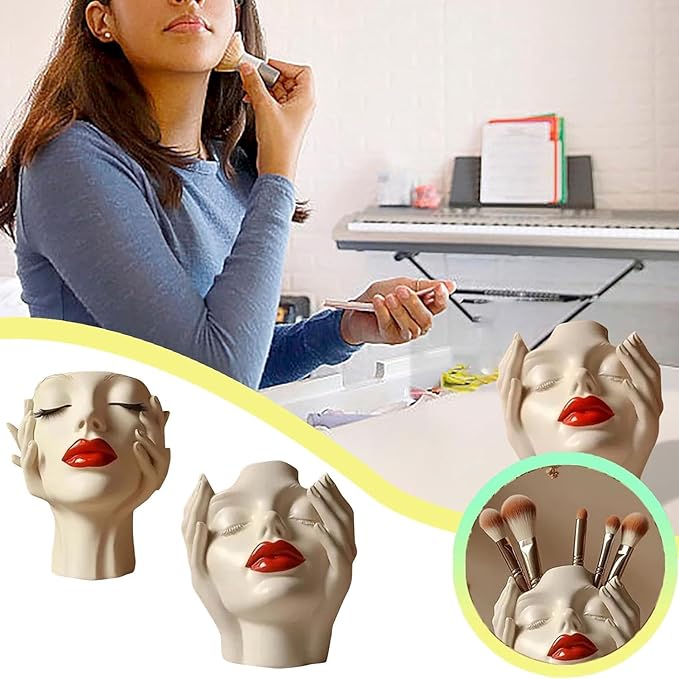 Women's Head Shape Boho Feminist Decoration Body Vase Head Vase Vintage Makeup Brush Holder Boho Makeup Organizer Rotating Makeup Organizer Idealized for Home Decor (A)