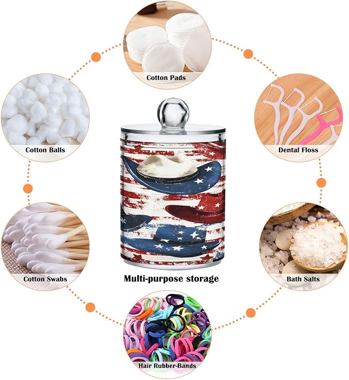 Nander 4Pack American Flag Style Cowboy Hat Qtip Holder Dispenser -Clear Plastic Apothecary Jars Set - Restroom Bathroom Makeup Organizers Containers for Cotton Swab, Ball, Pads, Floss