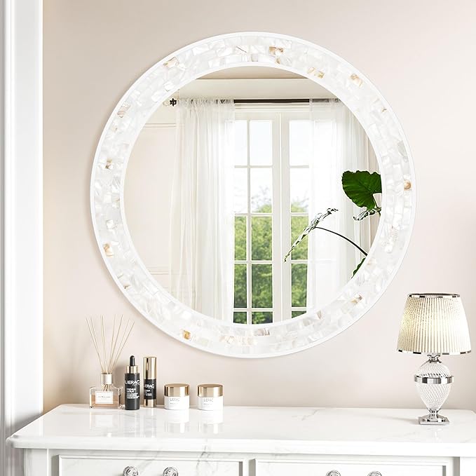 Tanmicoshomy Round Bathroom Mirror 28 Inch,Circle Mosaic Wall Mirrors with Natural Shell Frame, Decorative Coastal Mirrors for Bathroom Bedroom Living Room or Entrayway