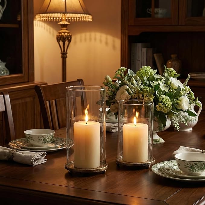 Hurricane Candle Holders Set of 2 - Pillar Candle Stands with Glass Sleeves for Fireplace Mantel & Dining Table Centerpiece Decor (Gold)